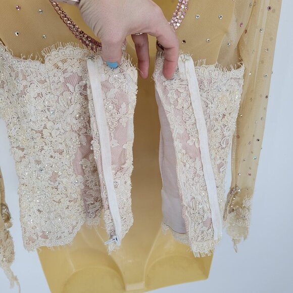 Sequin pearl beaded rhinestone accented boning ice skater bridal semi sheer lace - Picture 8 of 13